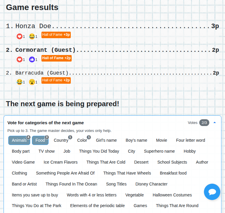 Game results